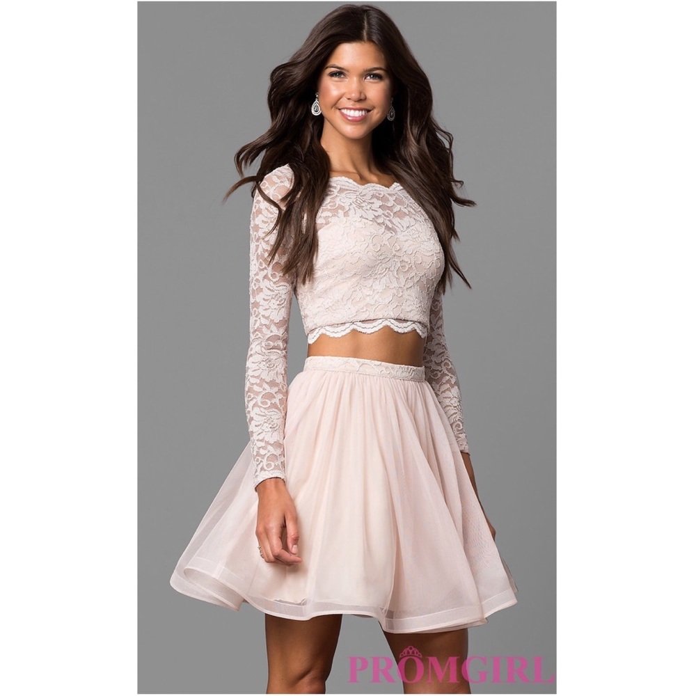 Buff Pink Two-Piece Sleeved Lace-Top Party Dress